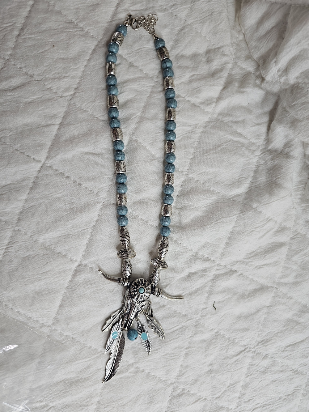 Boho Silver Feather Pendant Necklace with Turquoise Beads